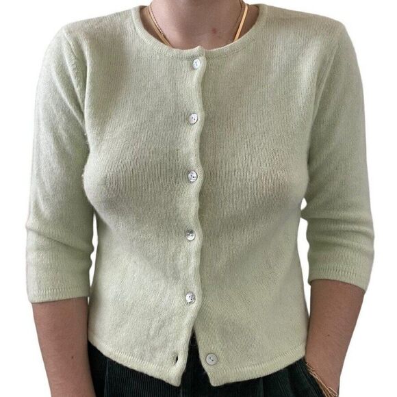 Vintage Womens Pistachio Green Angora Lambswool Blend Preppy Cardigan Sz M - Picture 1 of 7